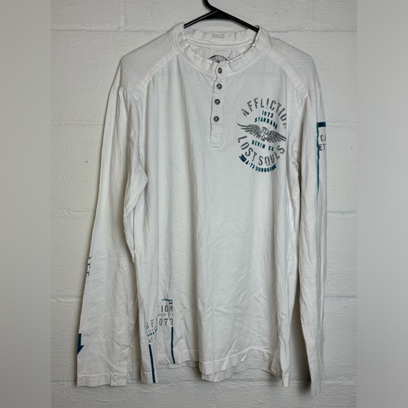 Affliction Lost Souls Y2K Men’s White and Turquoise Long Sleeve Streetwear Tee - Picture 1 of 9